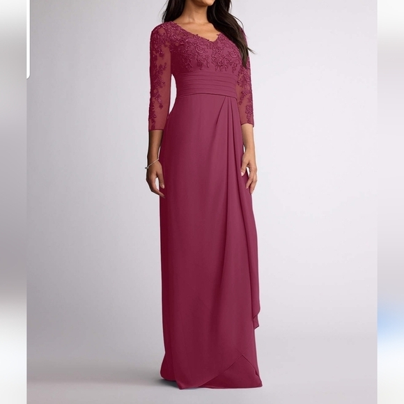 Azazie Joan Mulberry Sheath V-Neck Lace Chiffon Dress Size L Bridesmaid - Picture 1 of 16